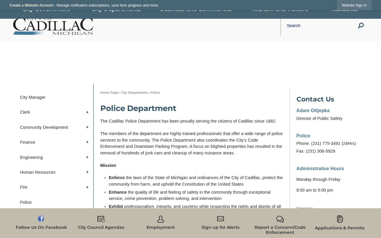 Wexford County Cadillac arrest-record routing on the official Police Department page