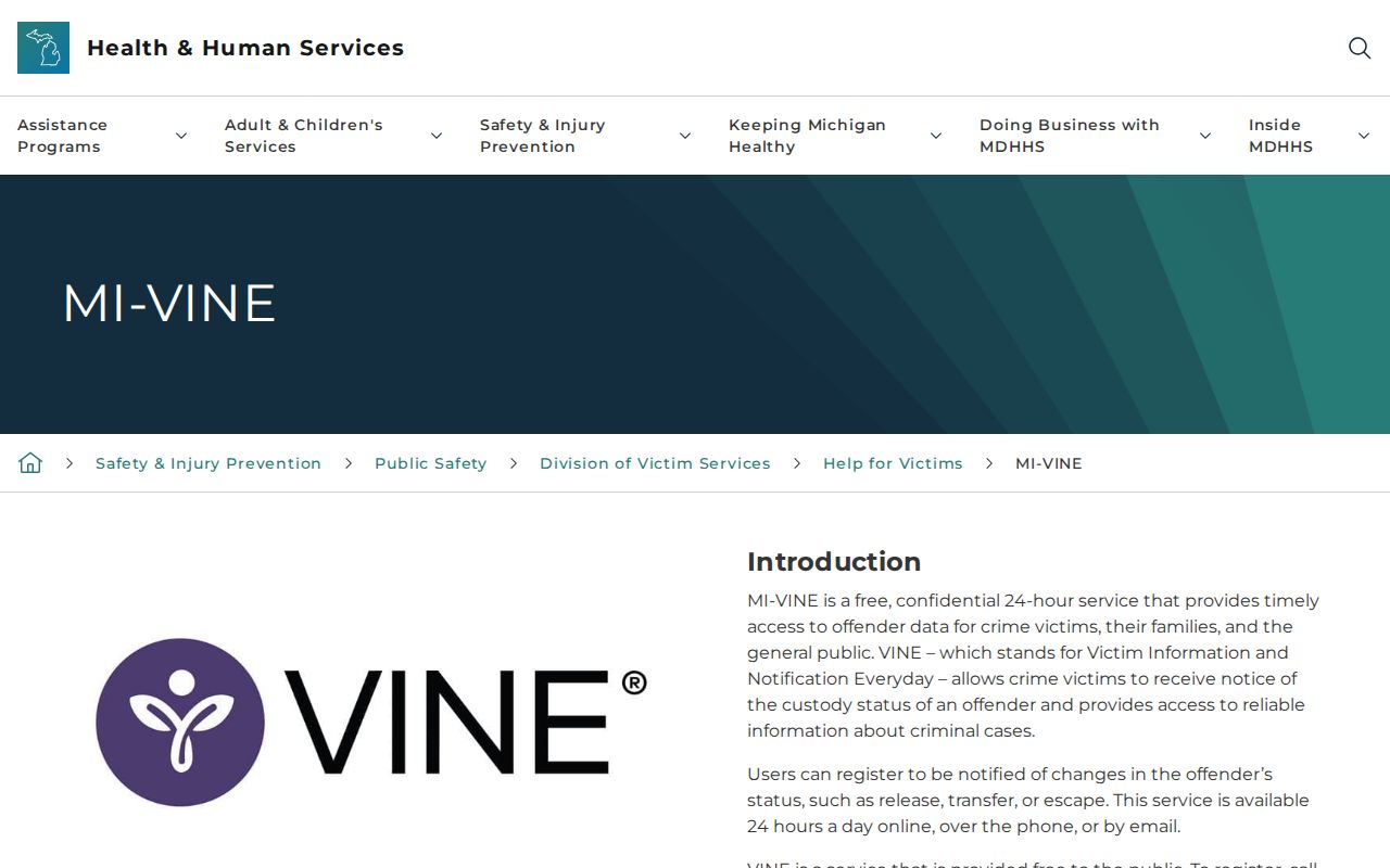 Michigan MI-VINE official custody notification information for Wexford County record checks