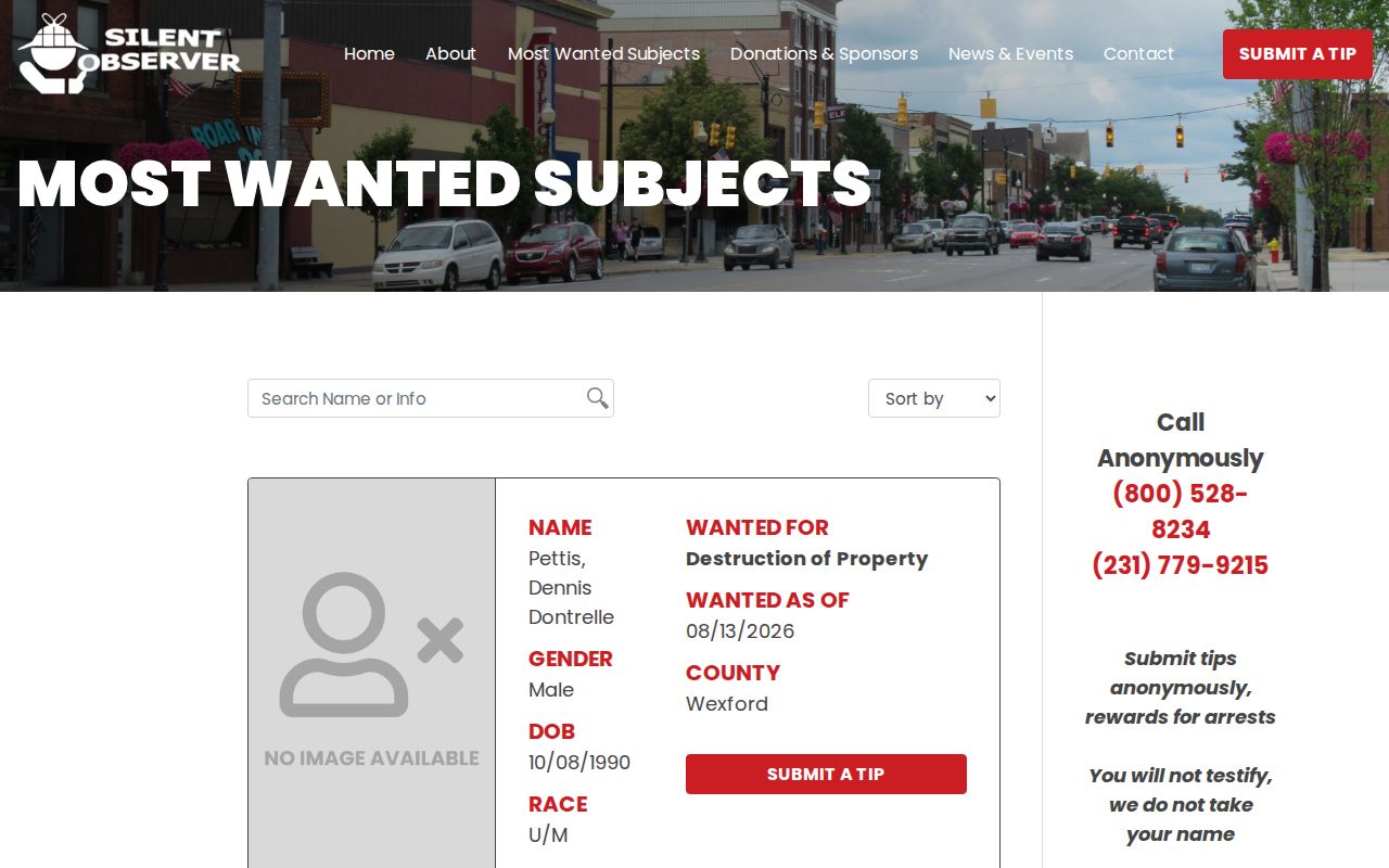 Cadillac Area Silent Observer regional Most Wanted Subjects page with Wexford entries